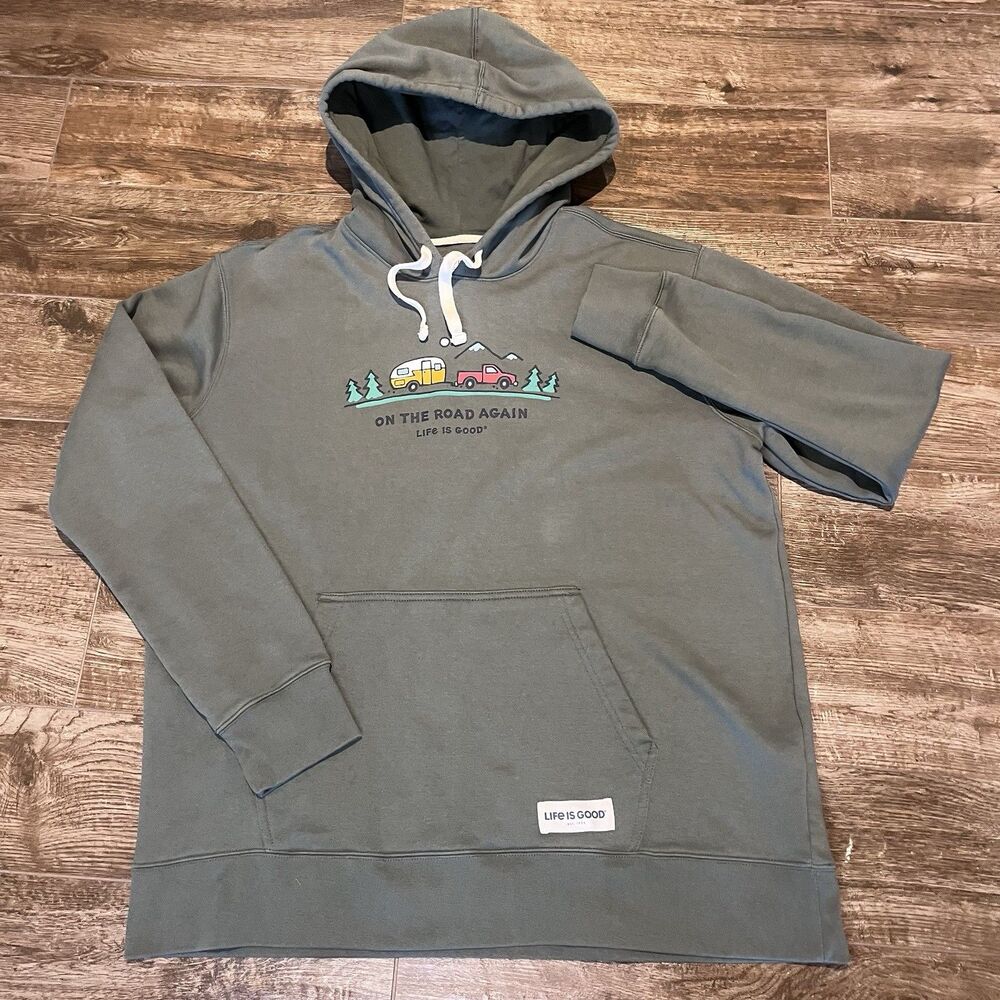 Life is Good Hoodie Womens XL Olive Green On The Road Again Camper Sweatshirt